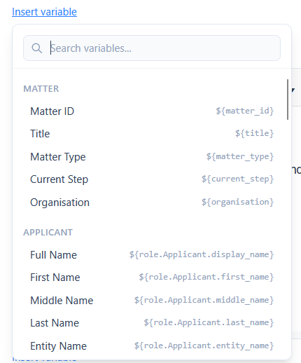The Insert variable popover