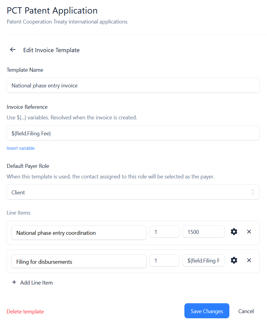 Editing an invoice template