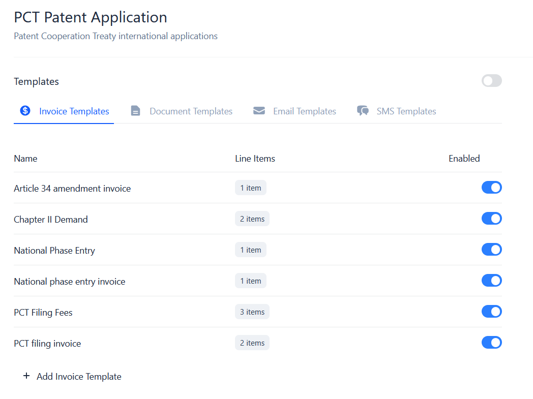 The invoice templates list