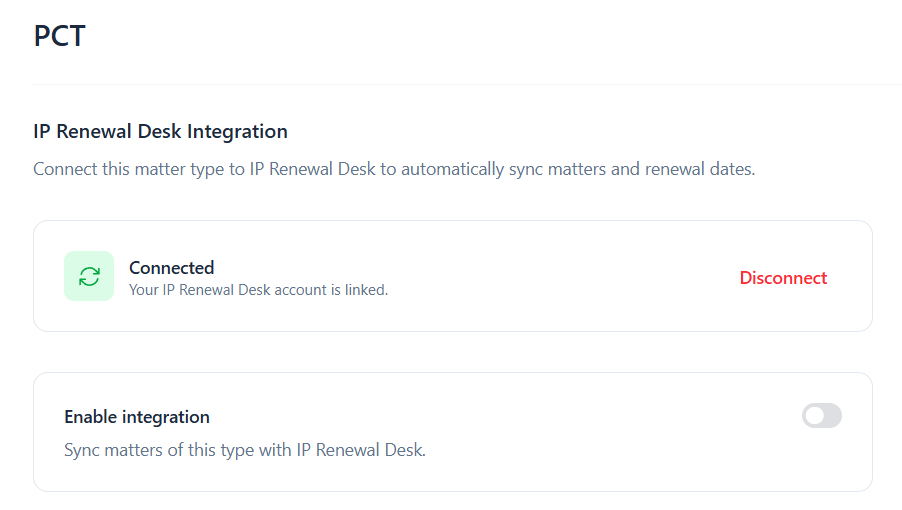 The IP Renewal Desk integration settings