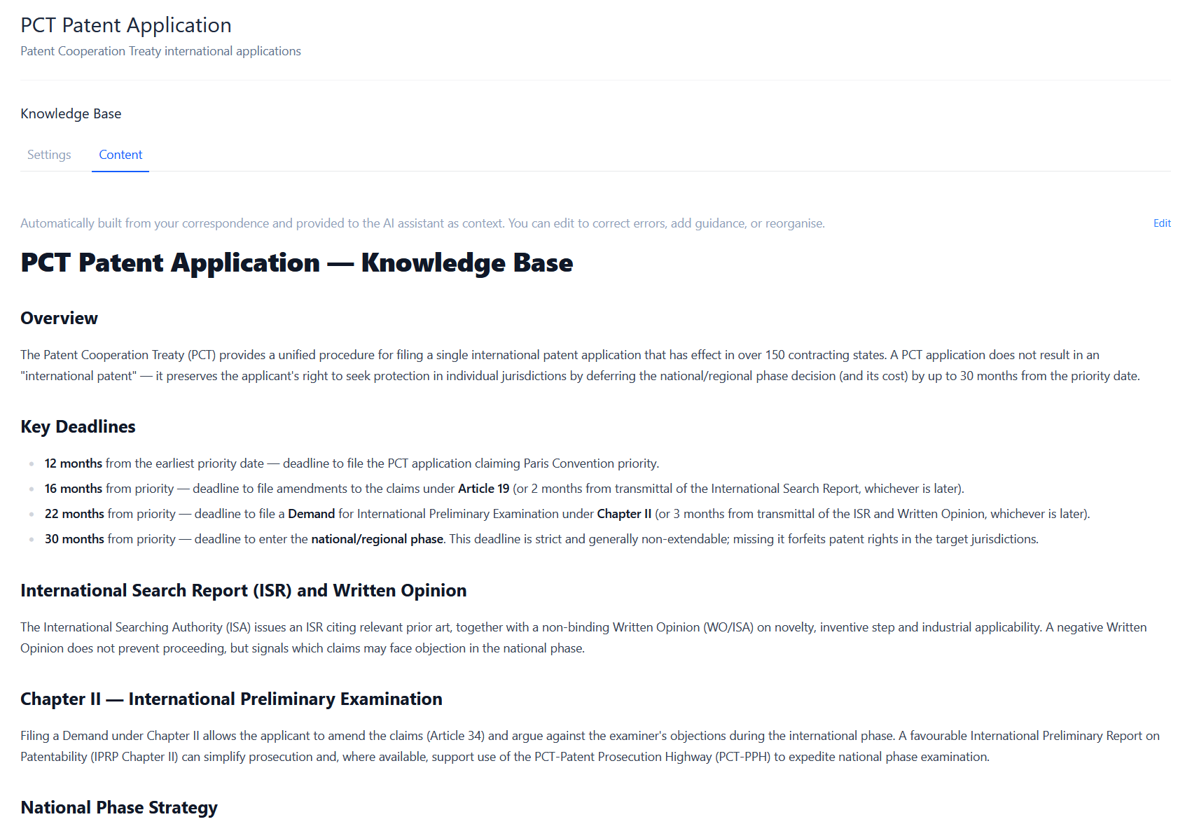 The knowledge base content tab