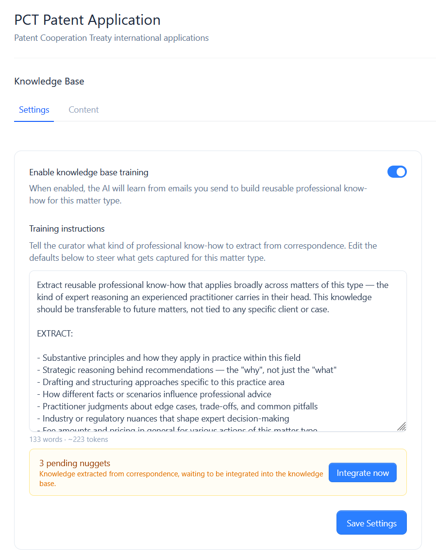 The knowledge base settings tab