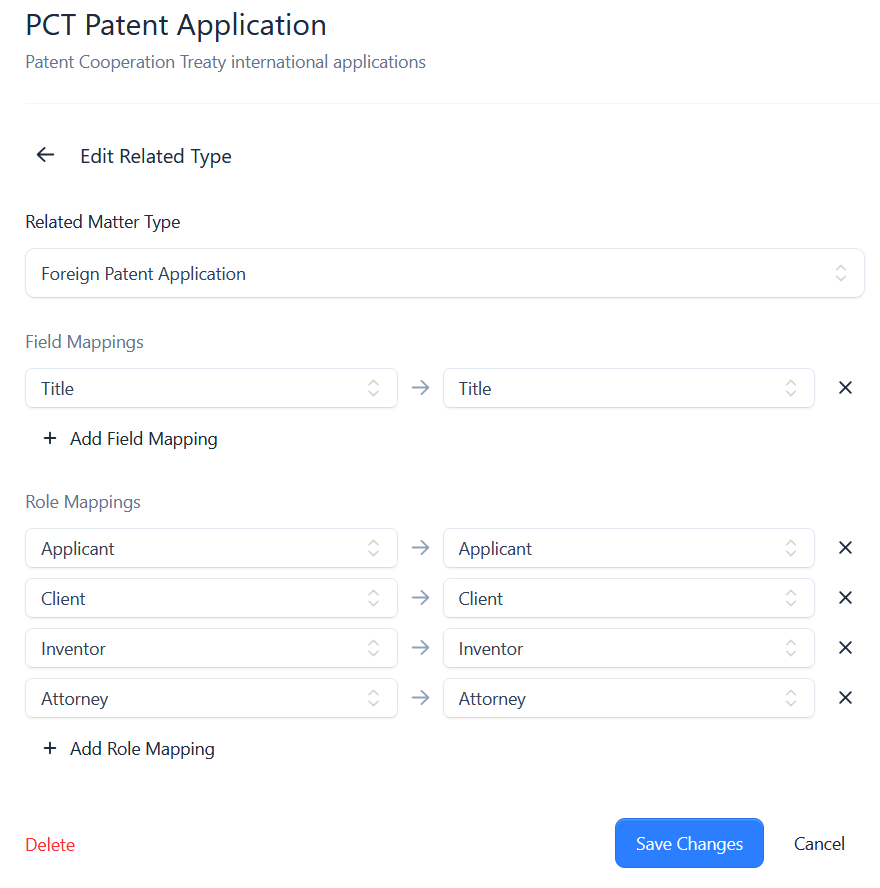 Editing a related matter type with field and role mappings