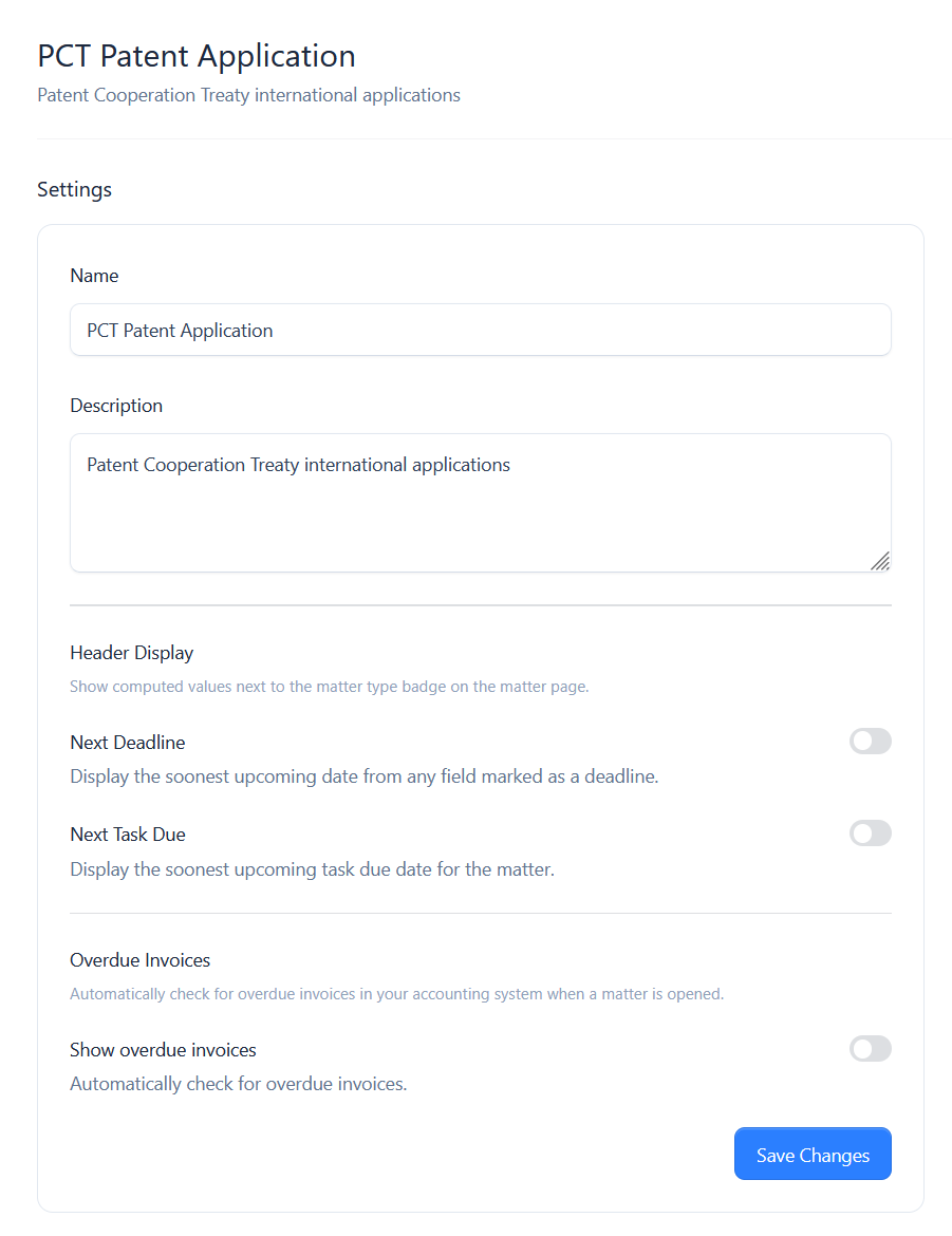 The Settings section of a matter type