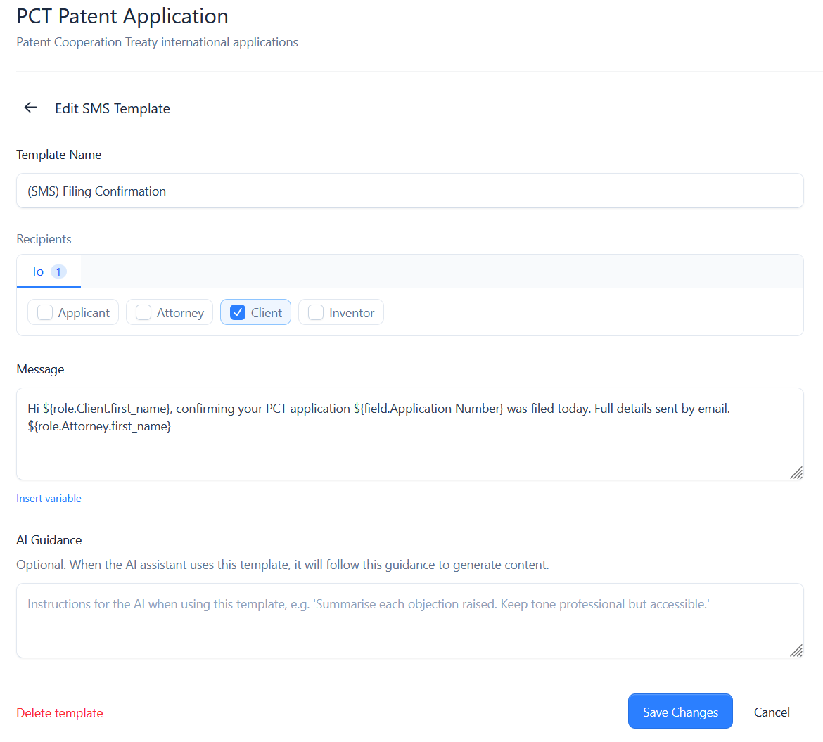 Editing an SMS template