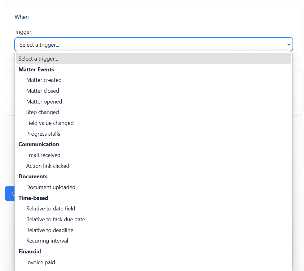 The trigger picker grouped by category