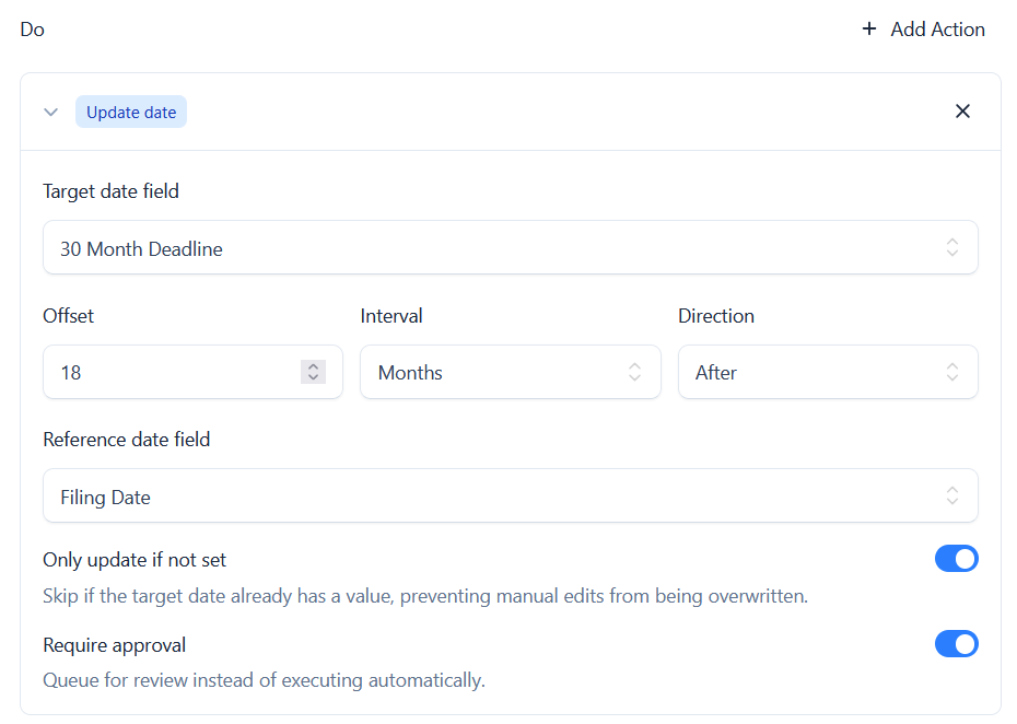 An Update date action being configured