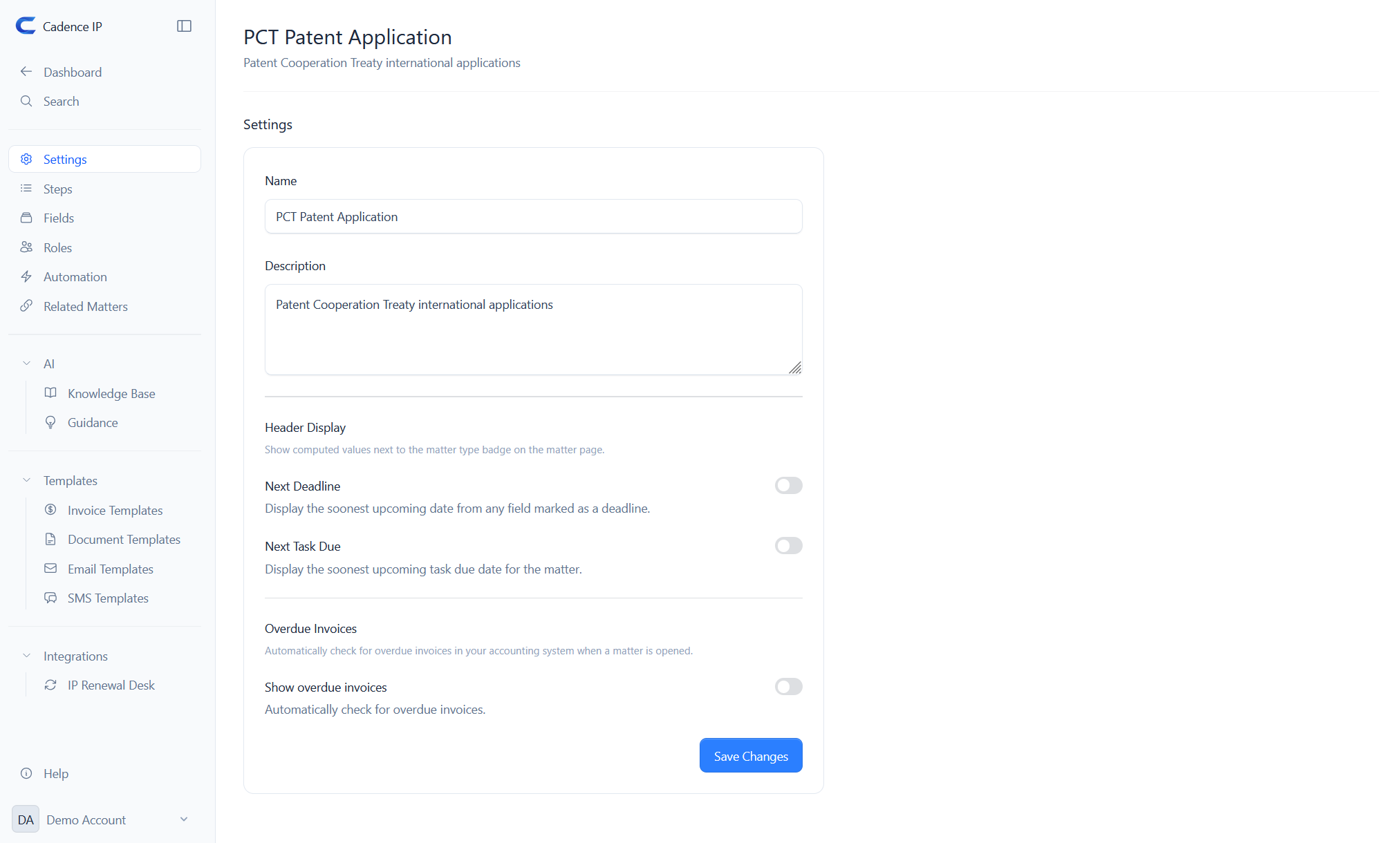 The matter type configuration screen for PCT Patent Application