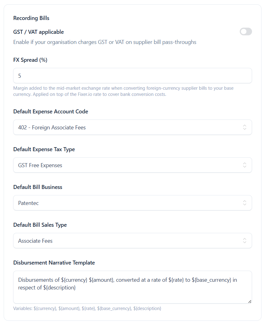 Recording Bills settings: GST/VAT toggle, FX spread, expense defaults and the disbursement narrative template