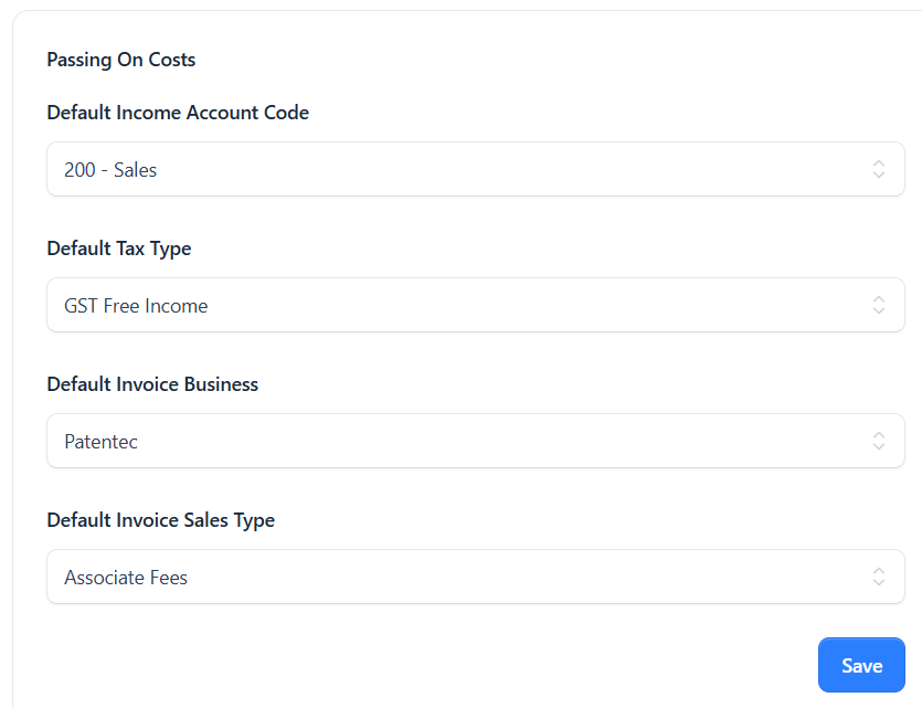 Passing On Costs settings: default income account, tax type, invoice business and sales type