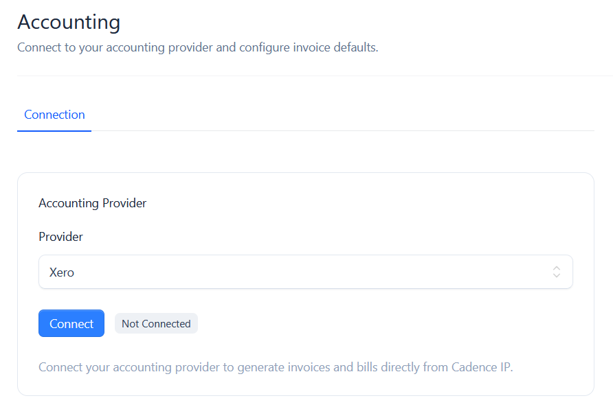 The Accounting settings screen with the provider connection