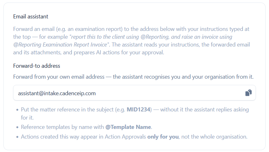 The email assistant card with a copyable forward-to address