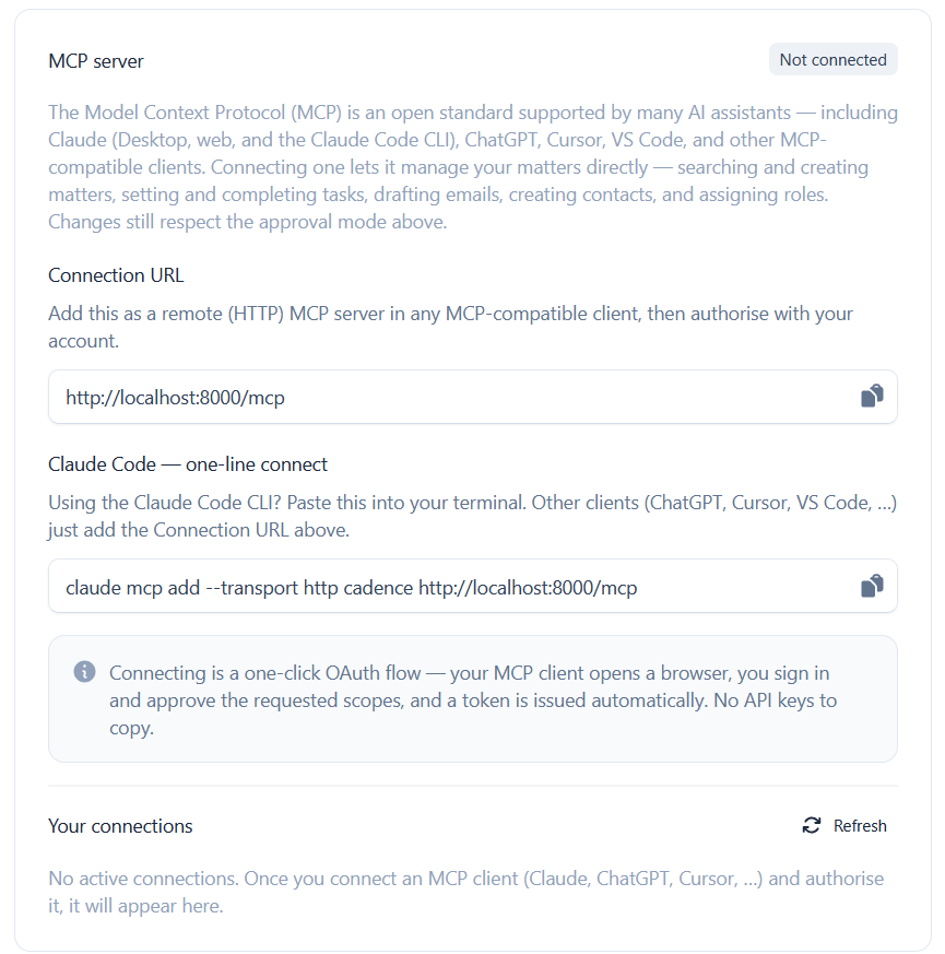 The MCP server card with a connection URL and connected clients list