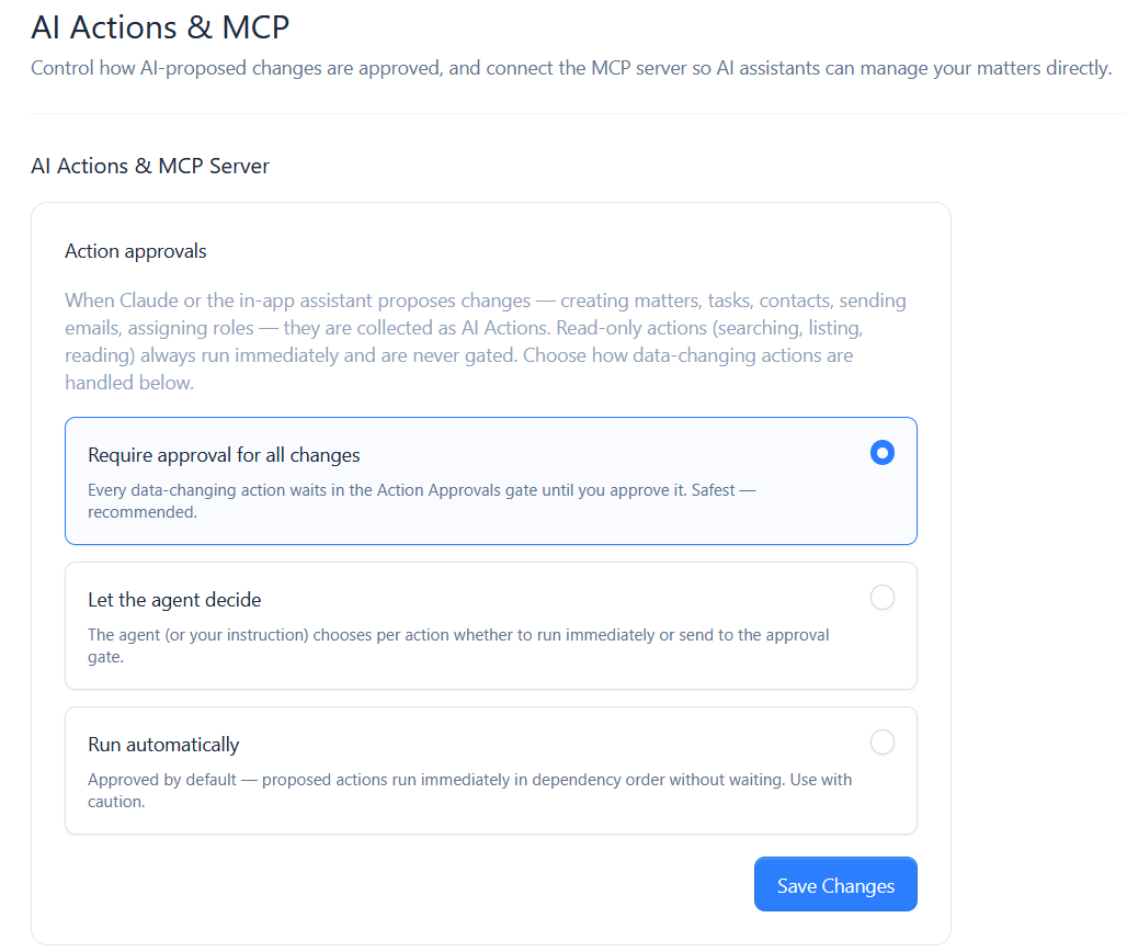 The action approvals card with three modes