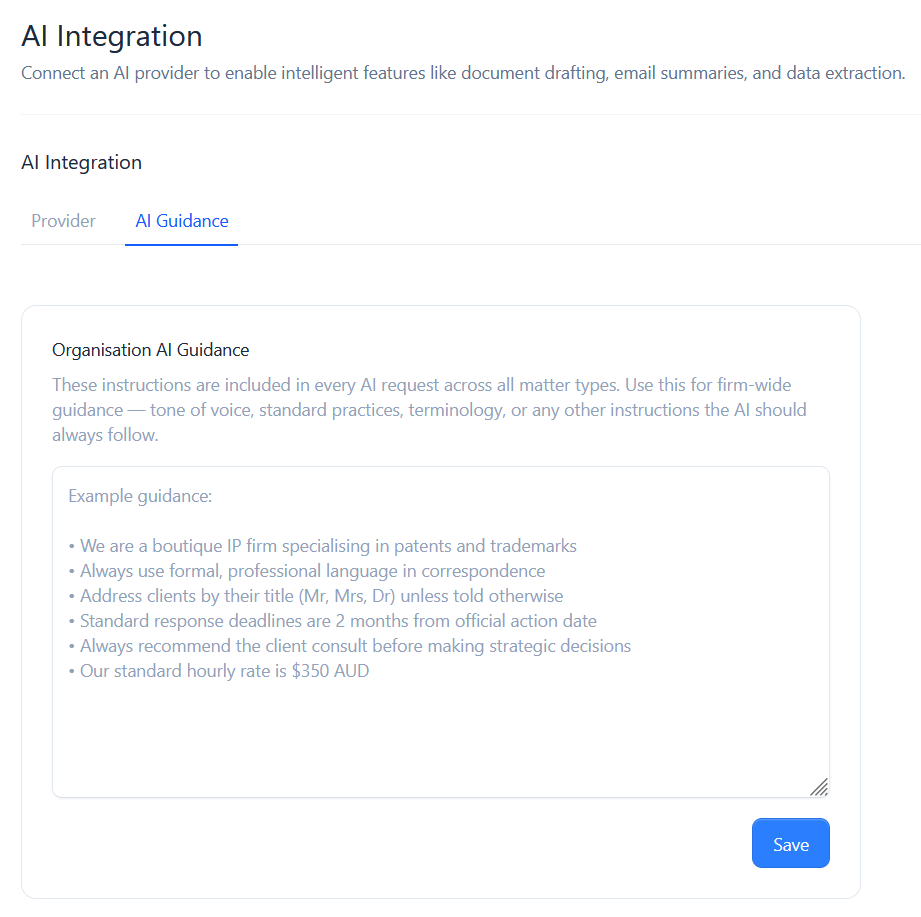 The AI Guidance textarea with example instructions