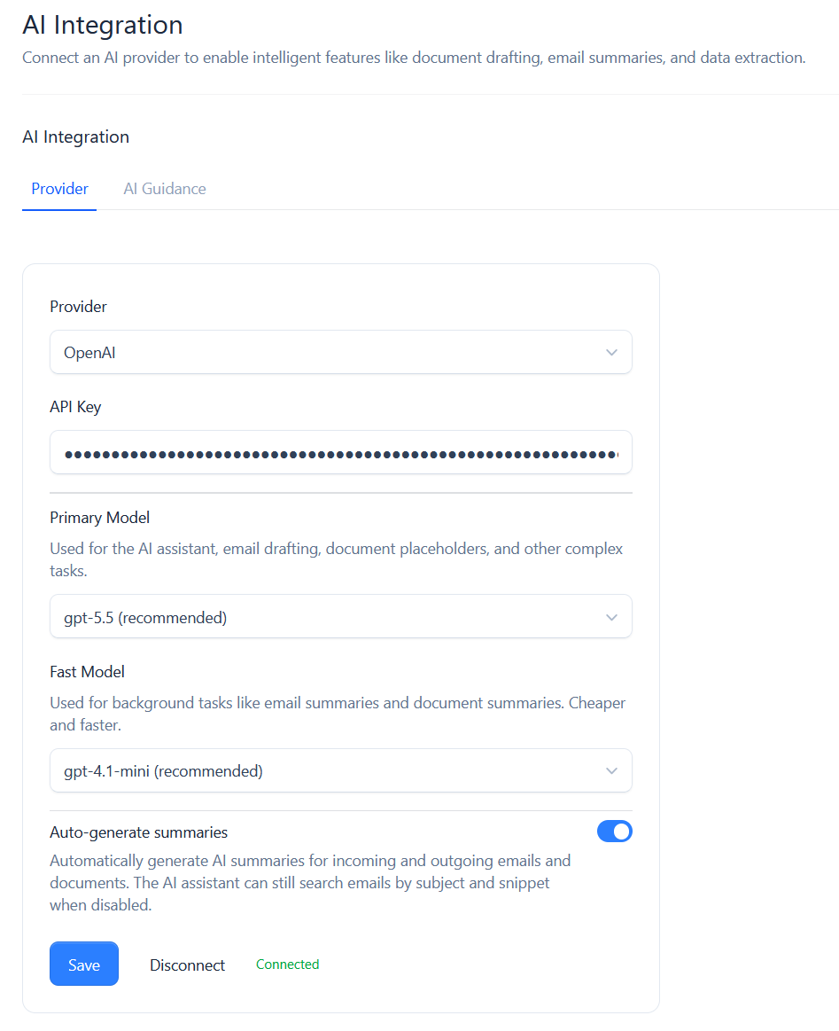 The AI provider tab with model selection