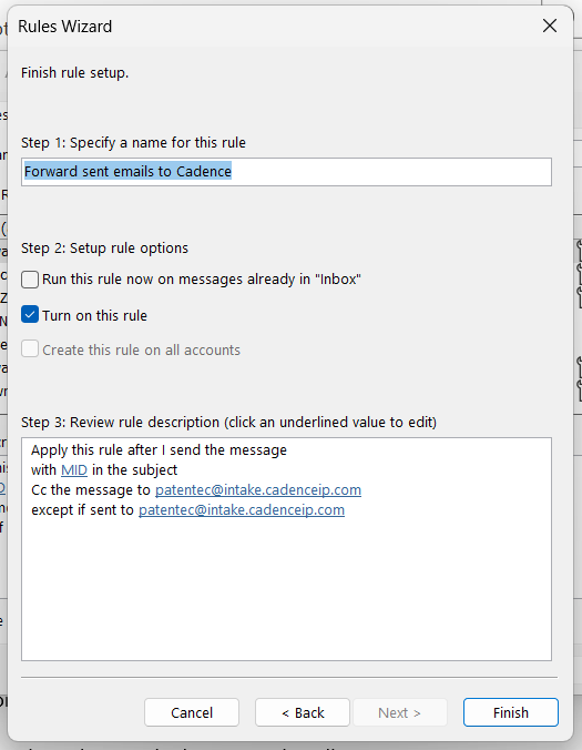 An Outlook rule CC'ing sent emails whose subject contains MID to the intake address