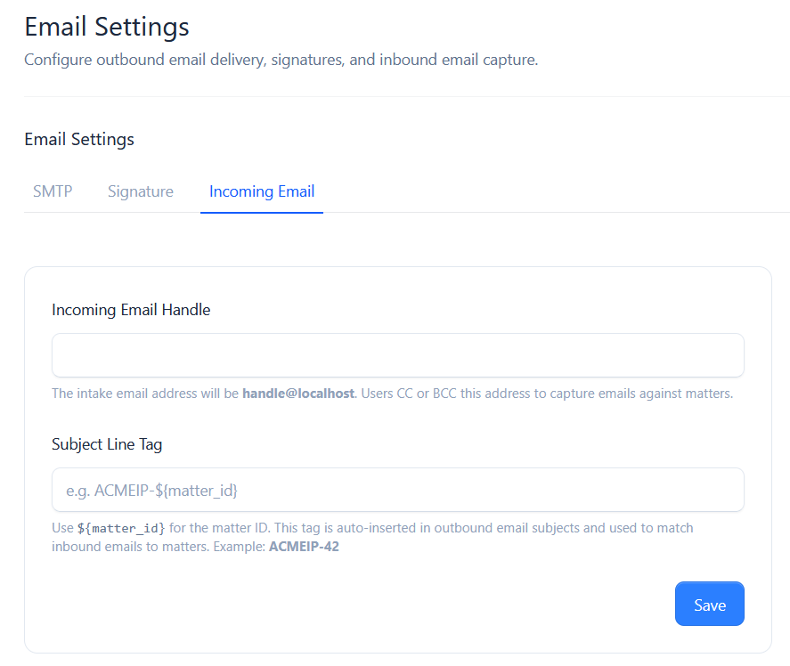 The Incoming Email tab with handle and subject-line tag fields