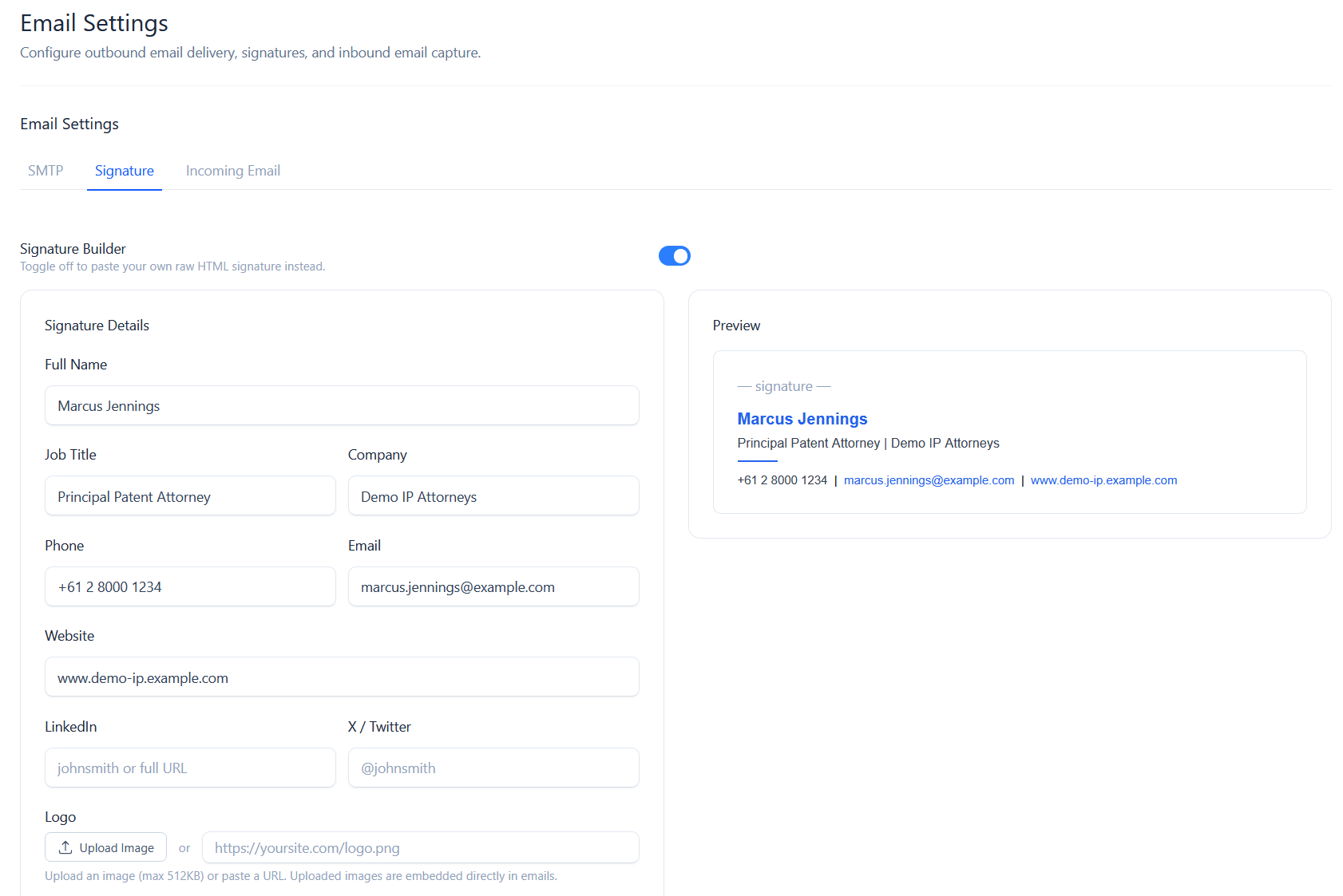 The Signature builder with a live preview