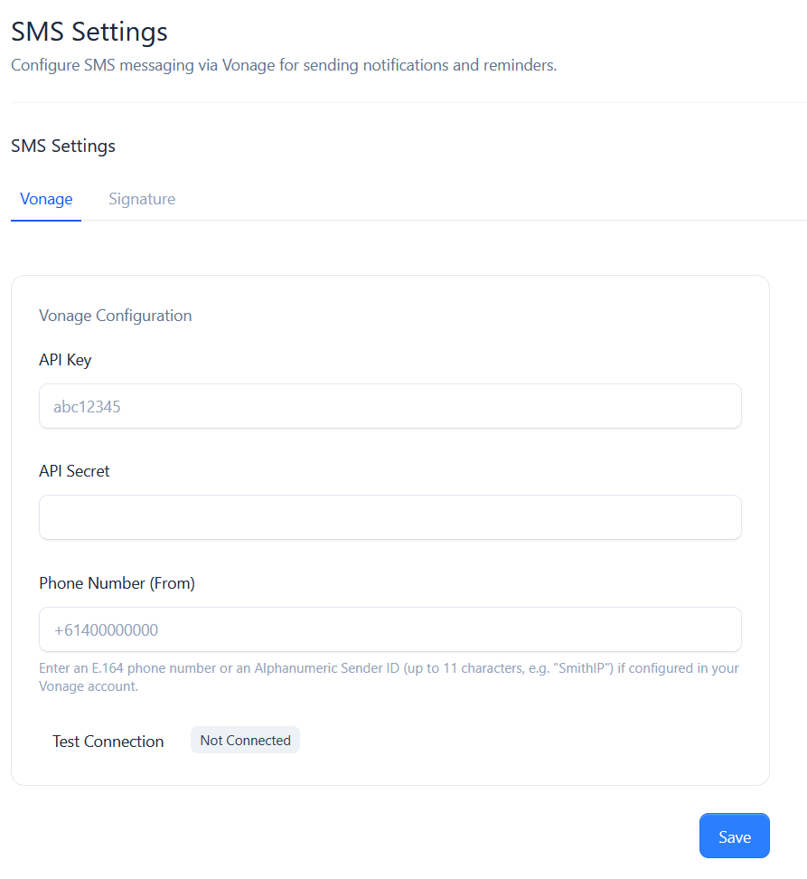 SMS Settings with the Vonage configuration fields
