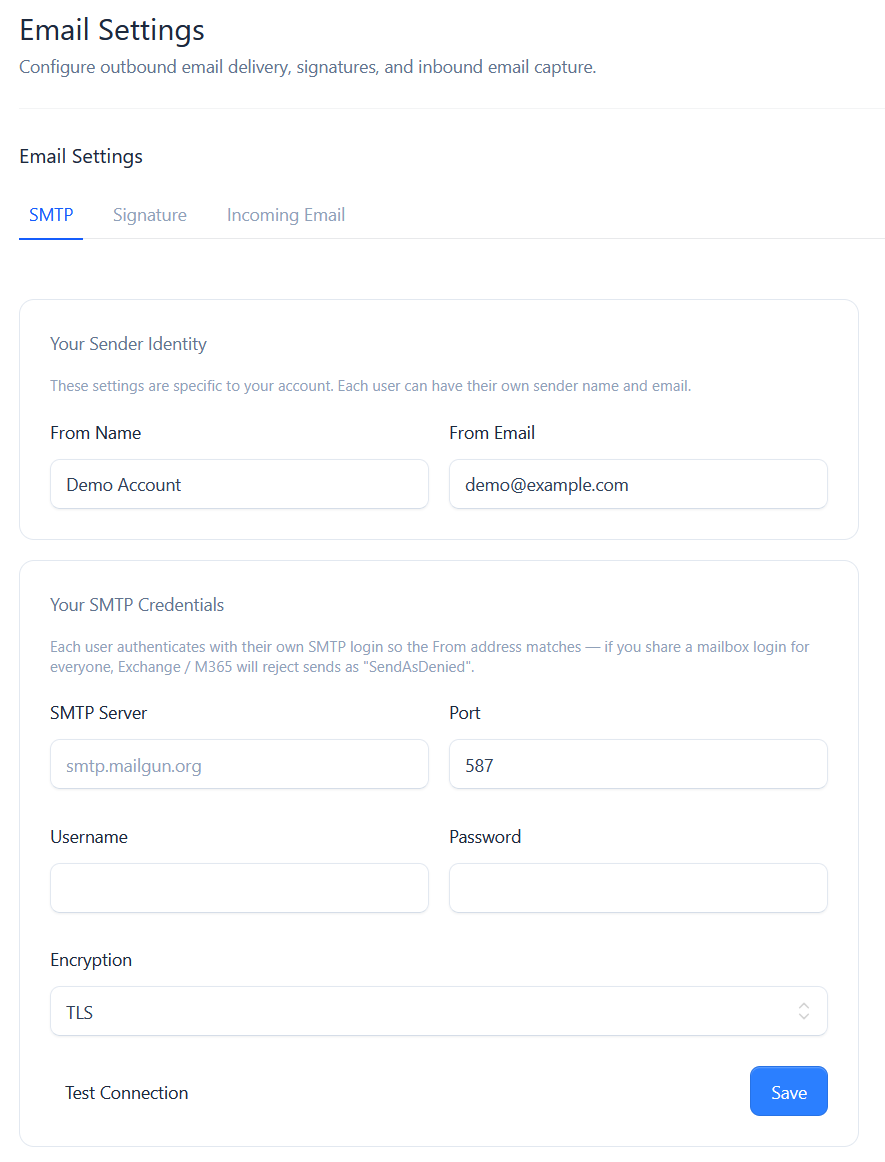 Email Settings with the SMTP, Signature and Incoming Email tabs