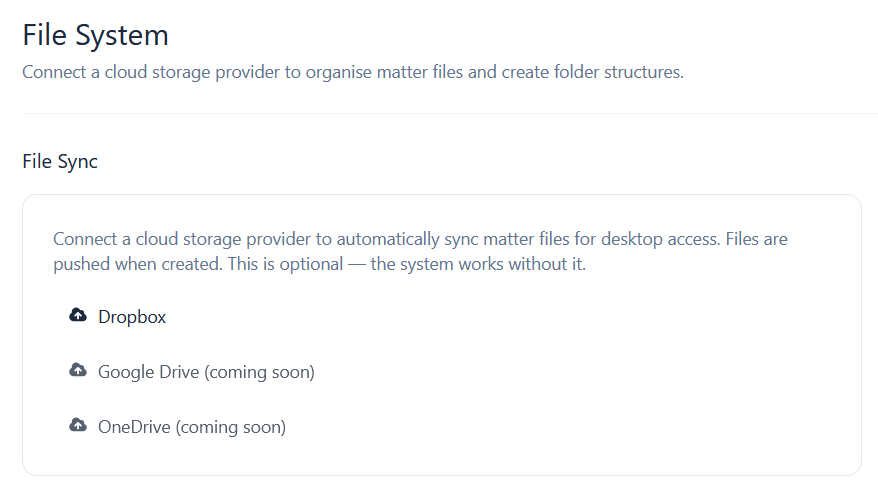 The File System settings with cloud storage provider options