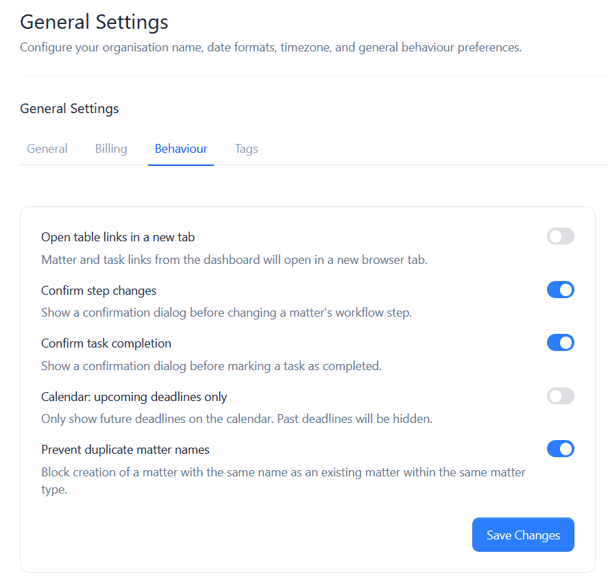 The Behaviour tab with its toggle preferences