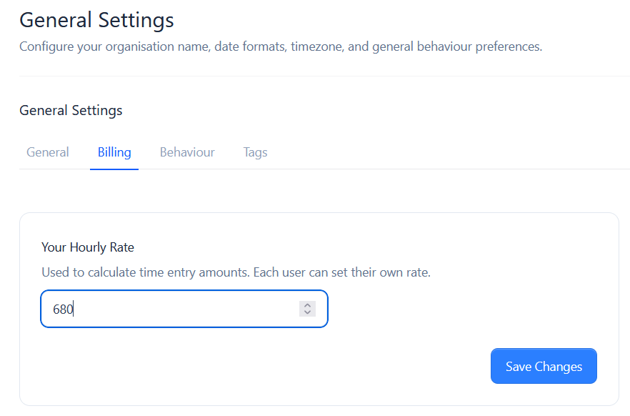 The Billing tab showing the personal hourly rate field