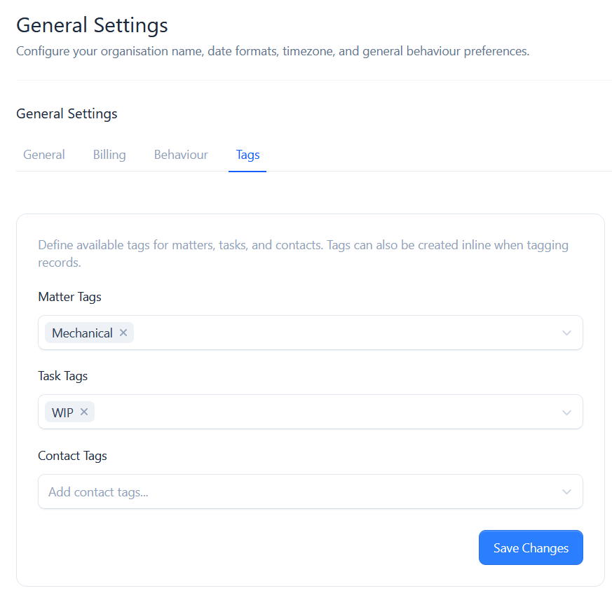 The Tags tab with separate lists for matter, task and contact tags
