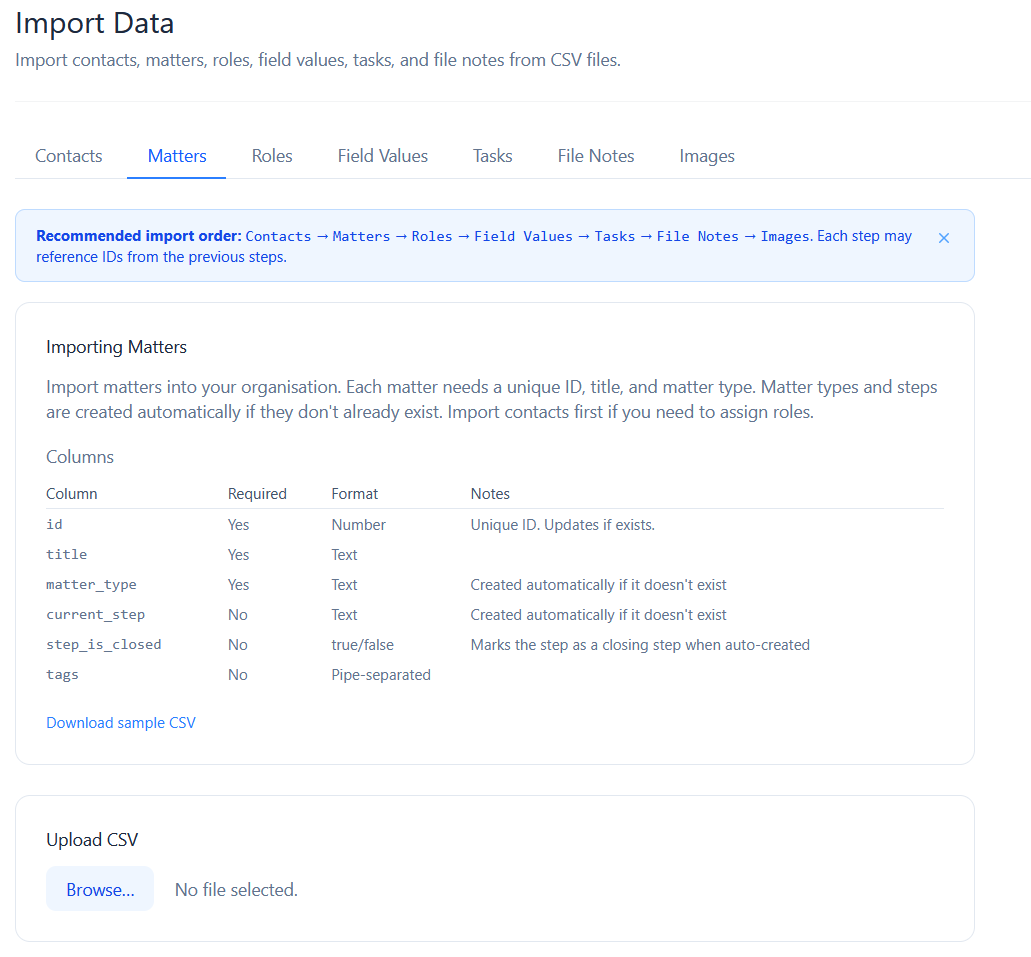 The Import Data screen with a tab per record type