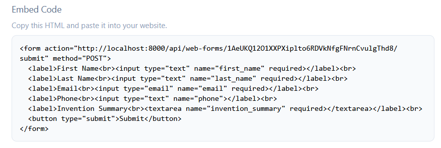 The generated embed code for an intake form