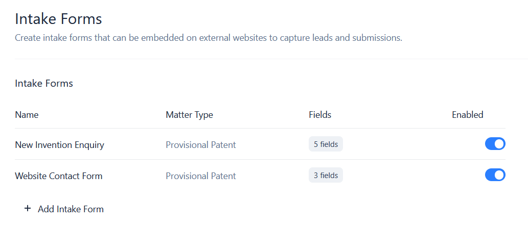 The Intake Forms list showing name, matter type, field count and enabled state