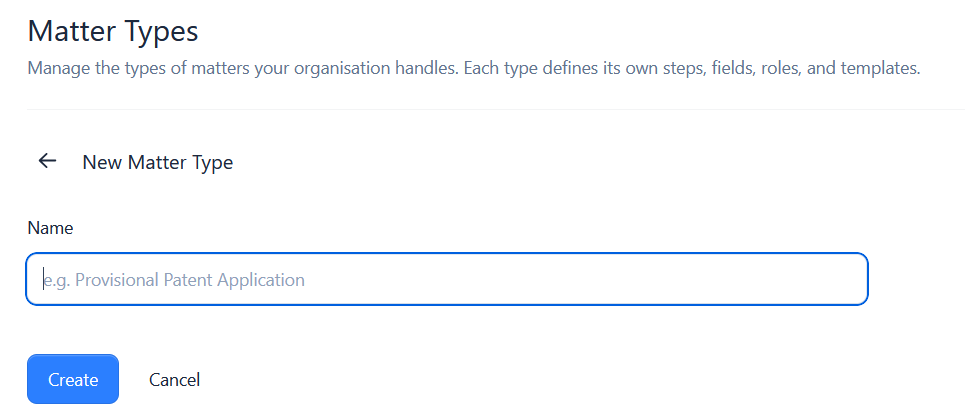 The New Matter Type form with a name field