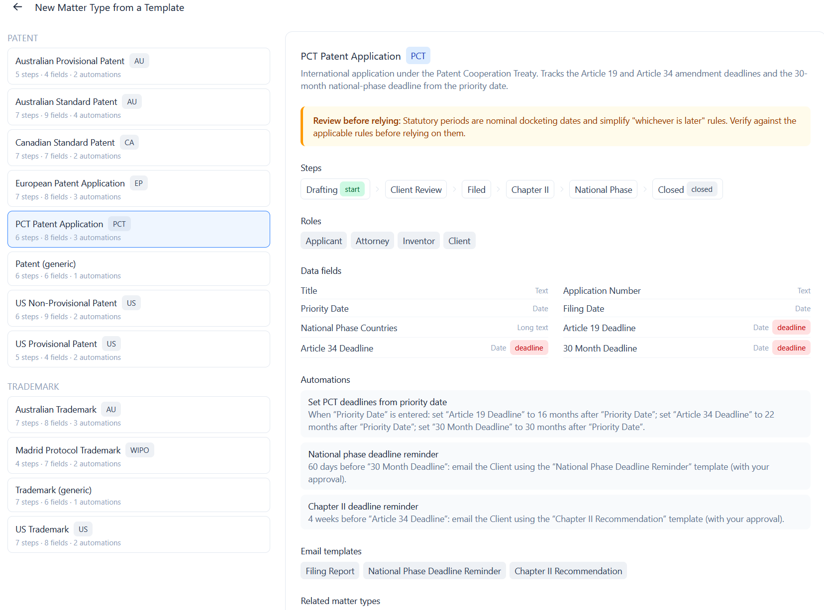 The workflow template library with a live preview of the selected workflow