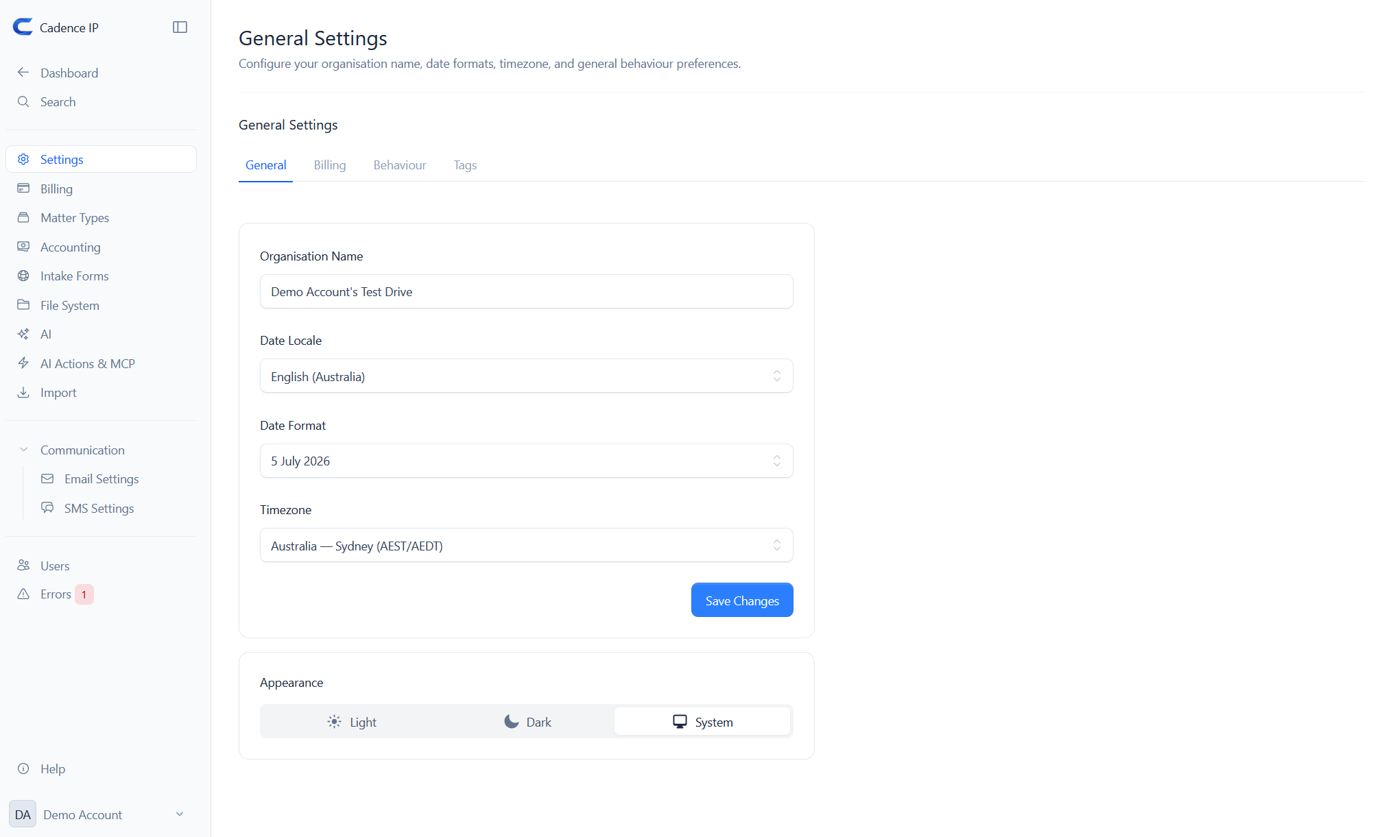 The General settings screen with the Settings sidebar